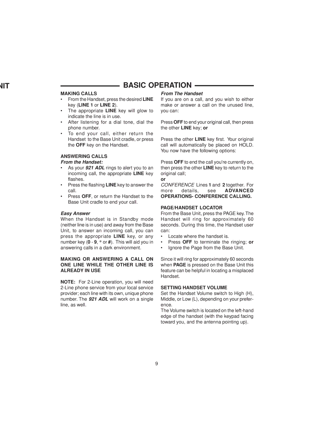 VTech 921 ADL Nit, Making Calls, Answering Calls, OPERATIONS- Conference Calling PAGE/HANDSET Locator 