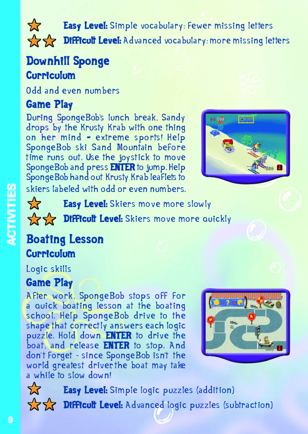 VTech A DAY IN THE LIFE OF SPONGE user manual Downhill Sponge, Boating Lesson 