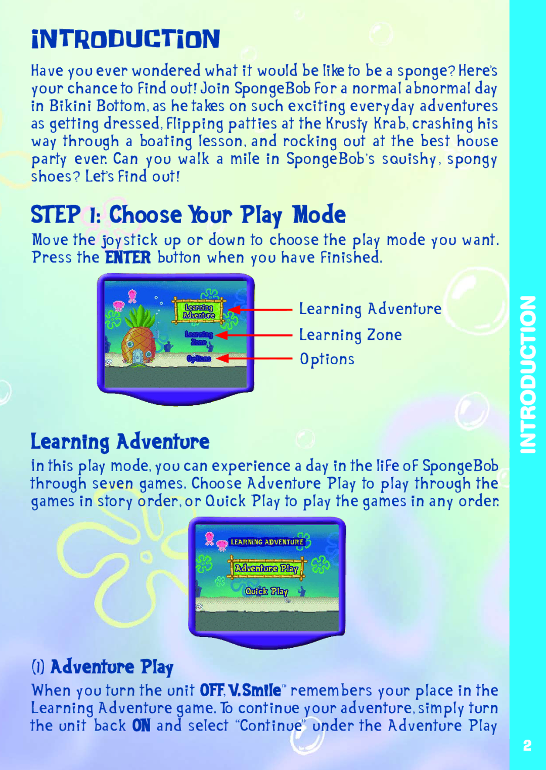 VTech A DAY IN THE LIFE OF SPONGE user manual Choose Your Play Mode, Learning Adventure, Adventure Play 