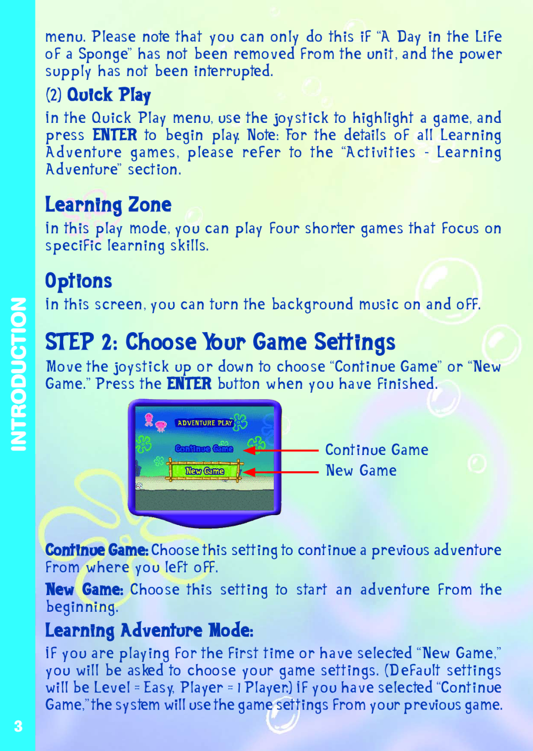 VTech A DAY IN THE LIFE OF SPONGE Choose Your Game Settings, Learning Zone, Options, Quick Play, Learning Adventure Mode 