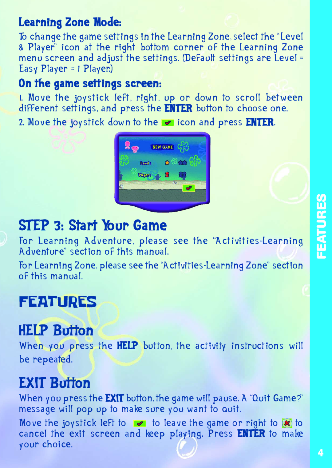 VTech A DAY IN THE LIFE OF SPONGE user manual Start Your Game, Help Button, Exit Button, Learning Zone Mode 