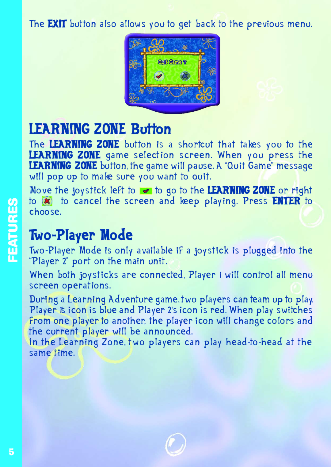 VTech A DAY IN THE LIFE OF SPONGE user manual Learning Zone Button, Two-Player Mode 