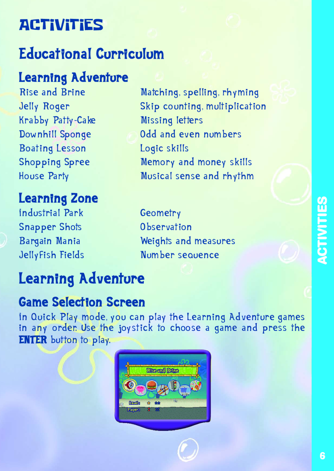 VTech A DAY IN THE LIFE OF SPONGE user manual Educational Curriculum, Learning Adventure, Game Selection Screen 