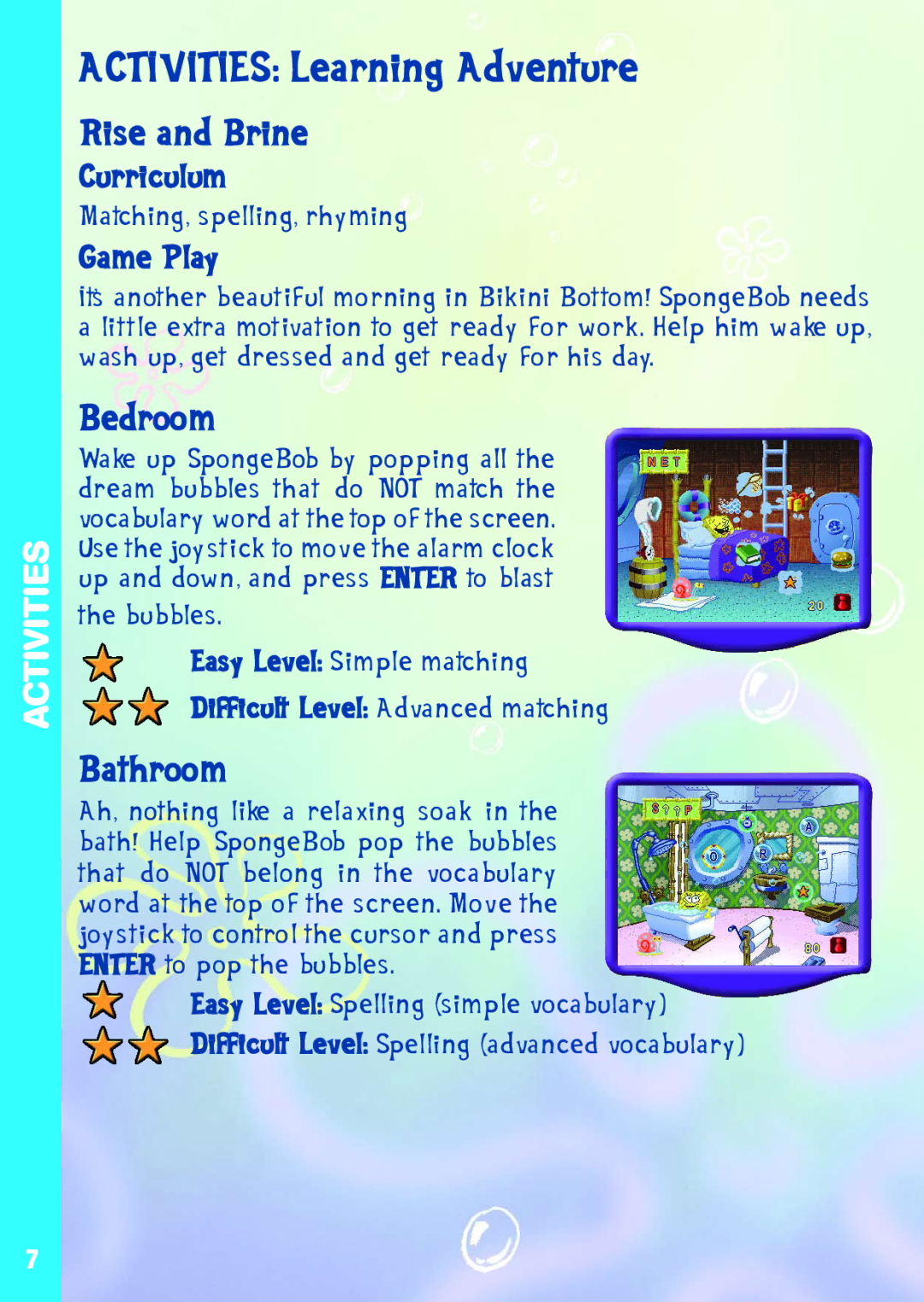 VTech A DAY IN THE LIFE OF SPONGE user manual Activities Learning Adventure, Rise and Brine, Bedroom, Bathroom 