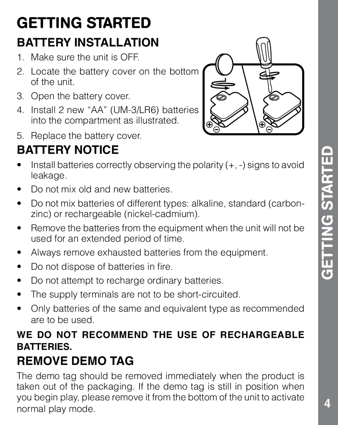 VTech ABC Food Fun user manual Getting Started, Battery Installation, Battery Notice, Remove Demo TAG 