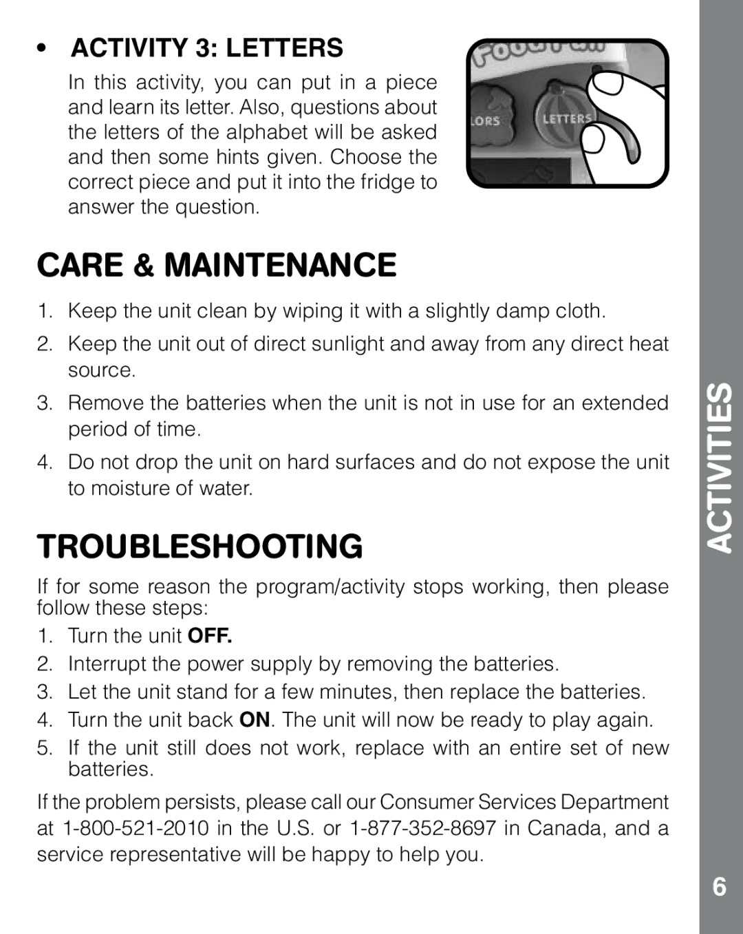 VTech ABC Food Fun user manual Care & Maintenance, Troubleshooting, Activities, Activity 3 Letters 