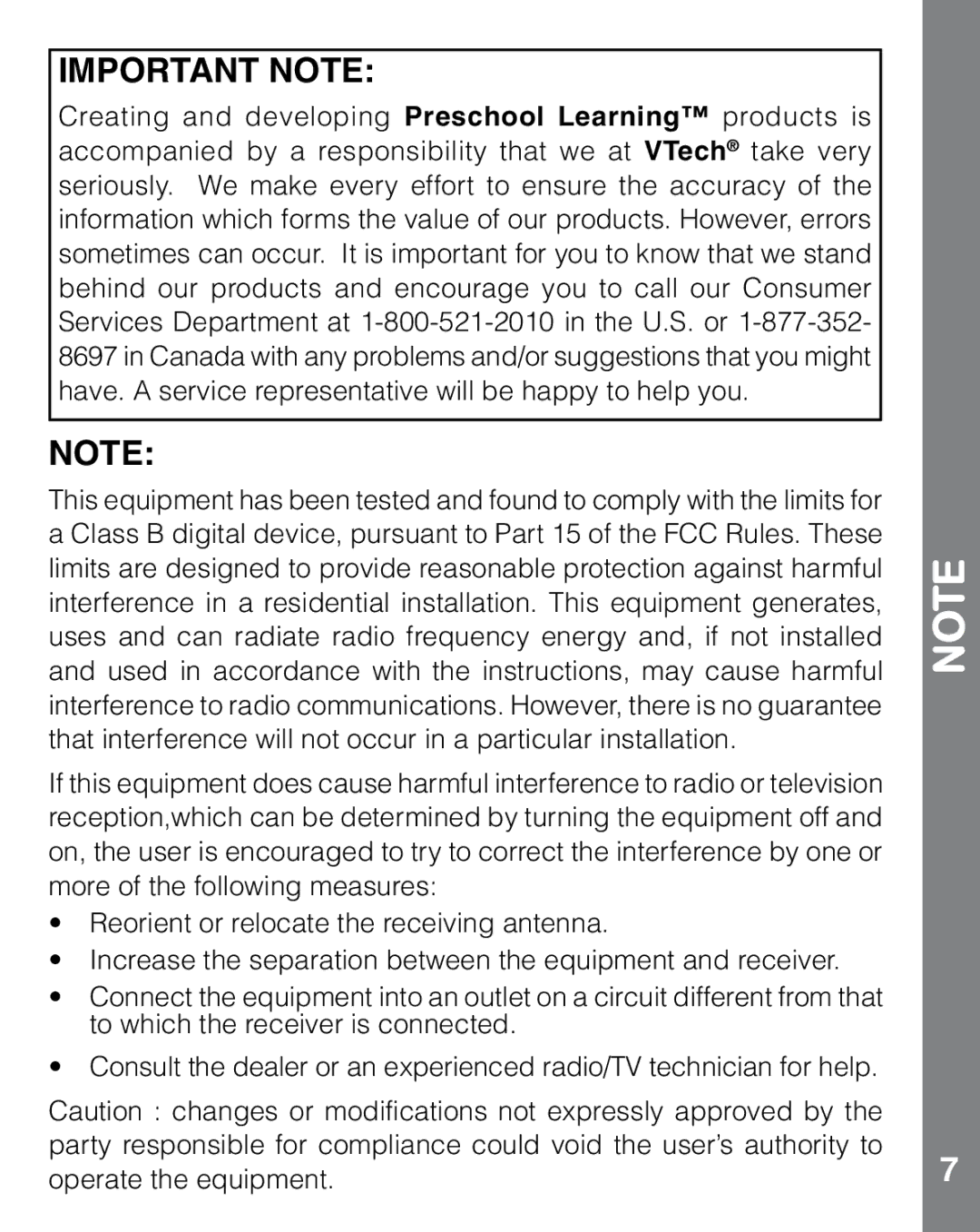 VTech ABC Food Fun user manual Important Note 