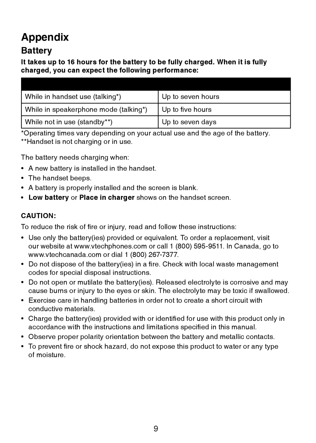 VTech accessory handset use with vtech user manual Appendix, Battery 