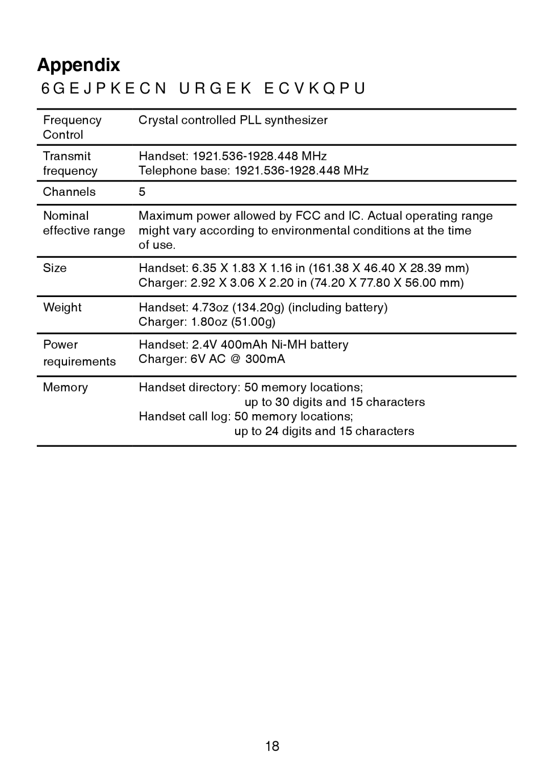 VTech accessory handset use with vtech user manual Technical specifications 