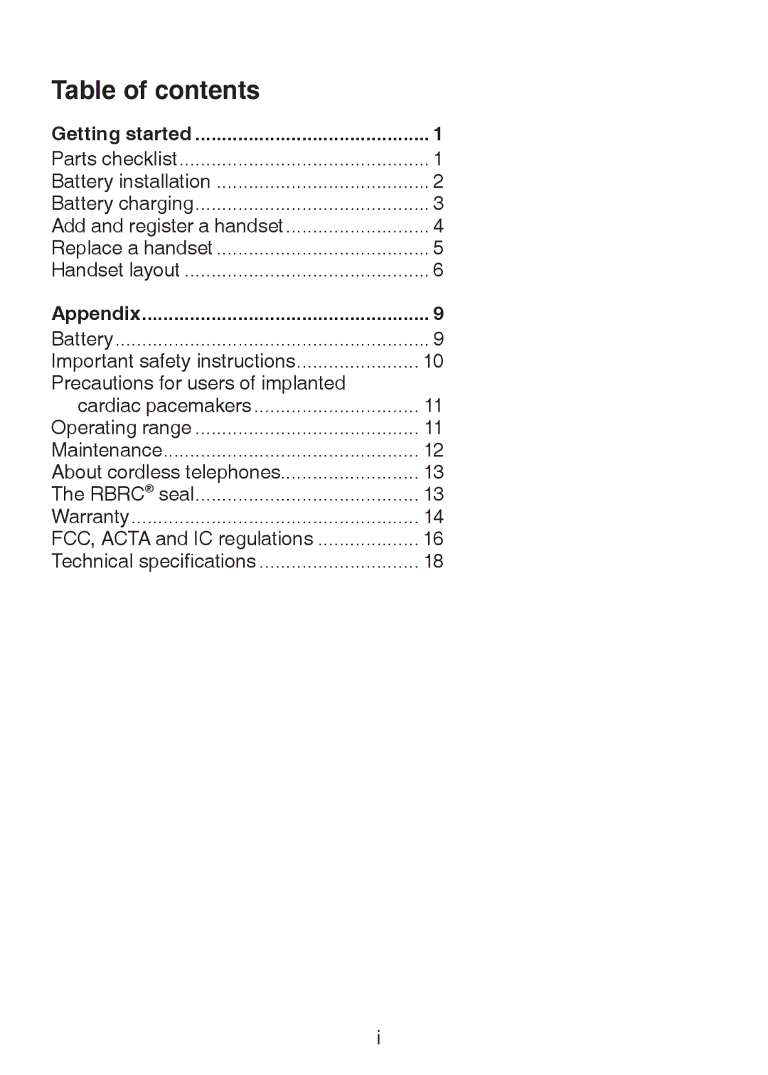 VTech accessory handset use with vtech user manual Table of contents 