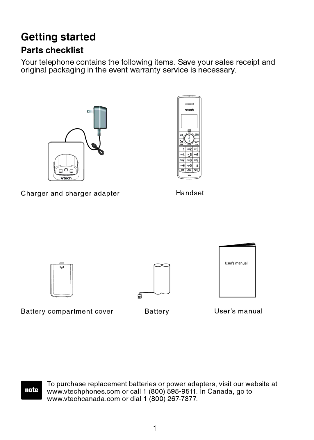 VTech accessory handset use with vtech user manual Getting started, Parts checklist 