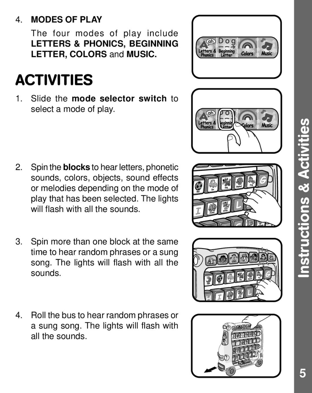 VTech Alphabet Tap Tap Bus user manual Activities, Modes of Play 