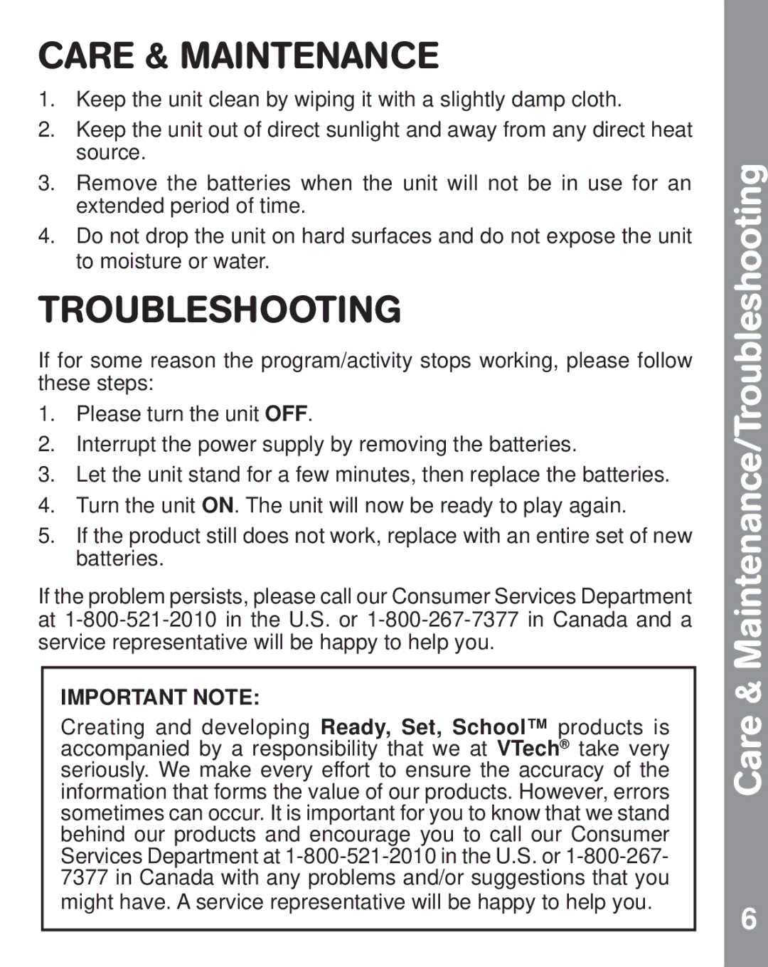 VTech Alphabet Tap Tap Bus user manual Care & Maintenance/Troubleshooting, Important Note 