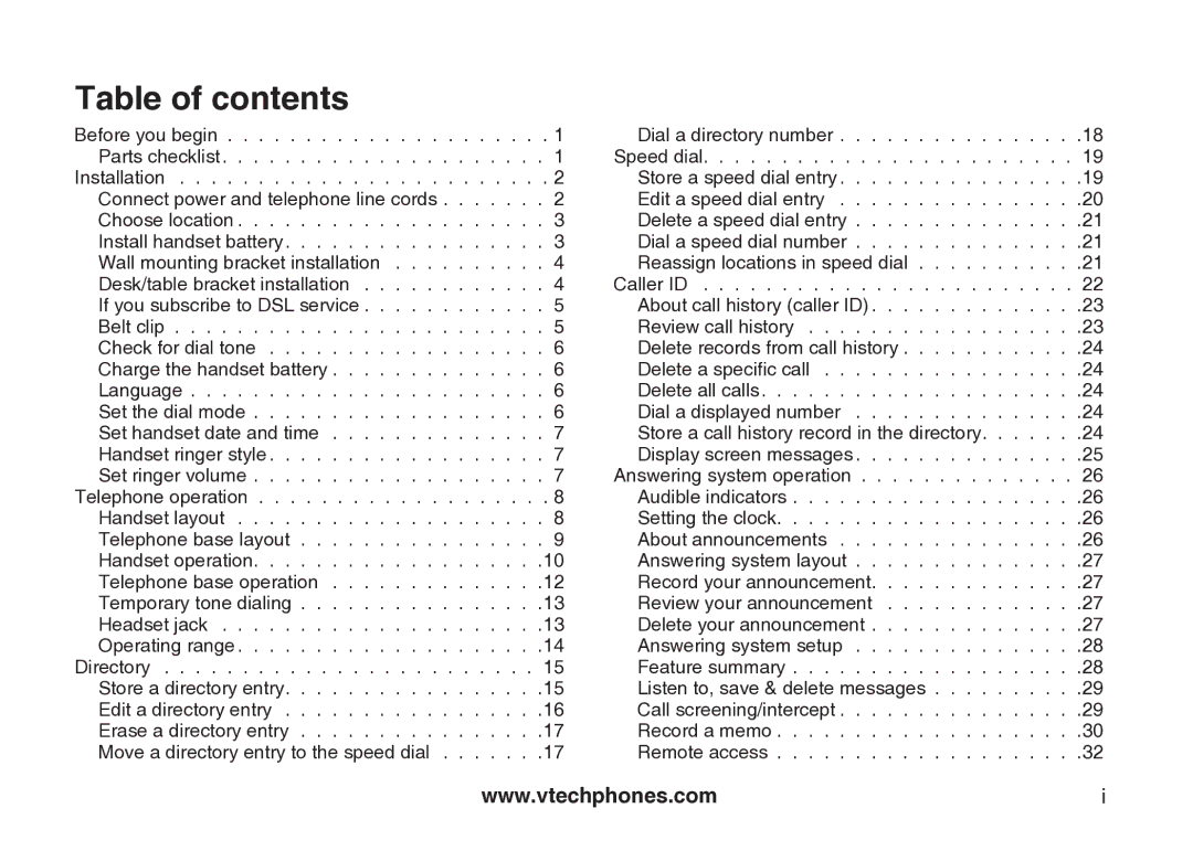 VTech Amplified Phone manual Table of contents 