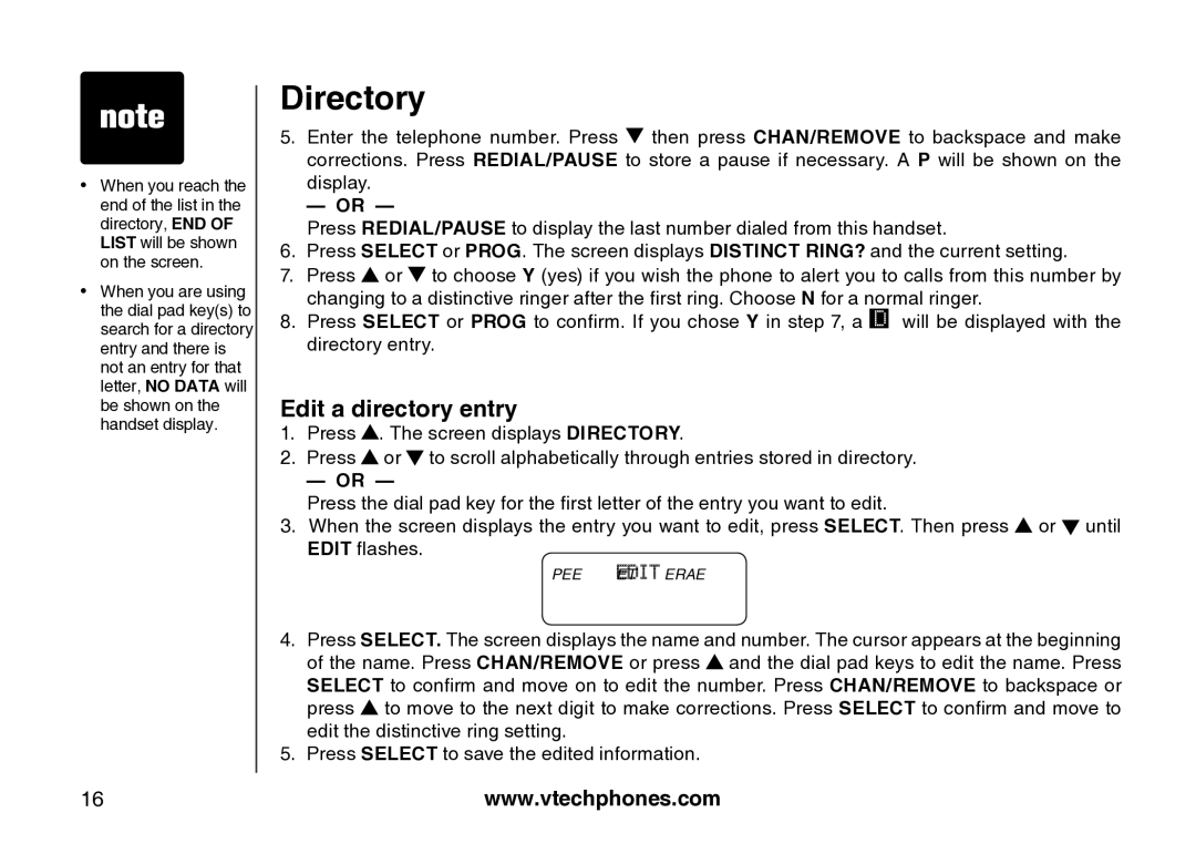 VTech Amplified Phone manual Edit a directory entry 