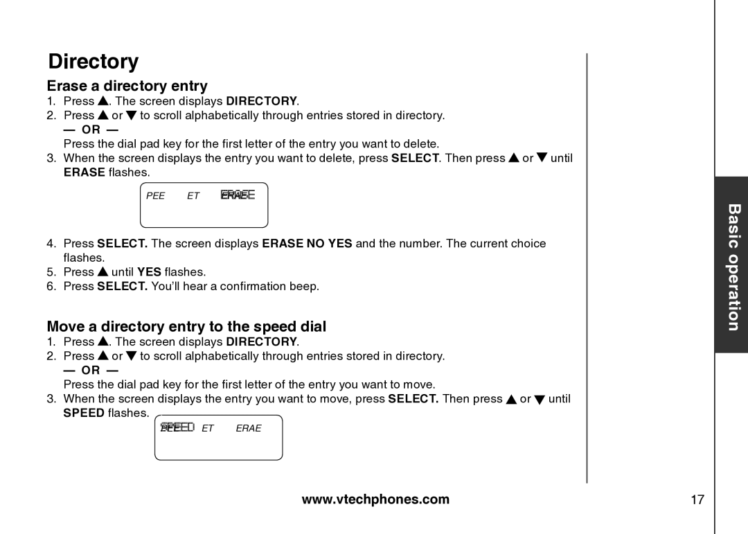 VTech Amplified Phone manual Erase a directory entry, Move a directory entry to the speed dial 