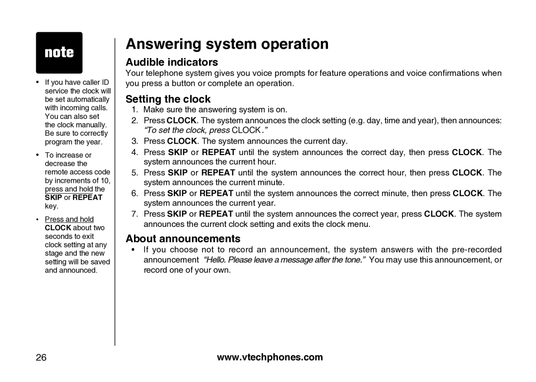 VTech Amplified Phone manual Answering system operation, Audible indicators, Setting the clock, About announcements 