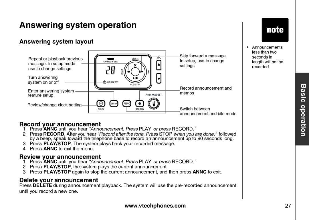 VTech Amplified Phone manual Answering system layout, Record your announcement, Review your announcement 