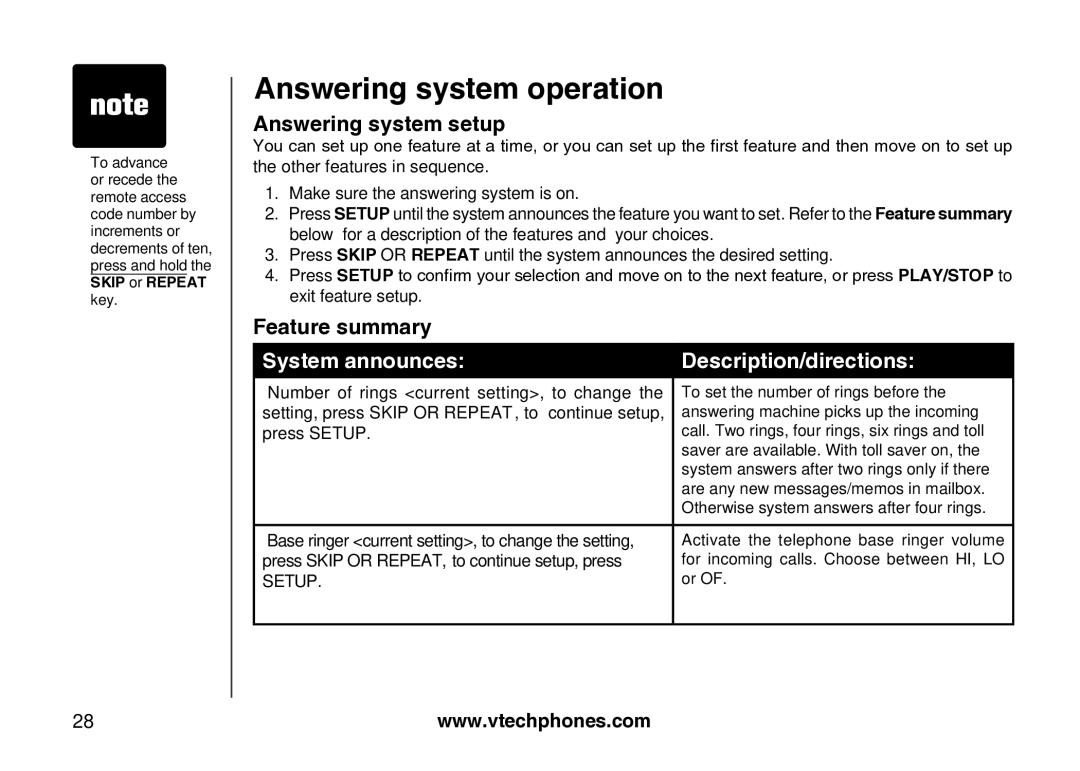 VTech Amplified Phone manual Answering system setup, Feature summary 