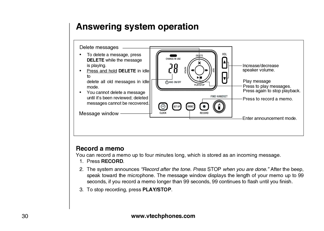 VTech Amplified Phone manual Record a memo, Delete messages, Message window, To stop recording, press PLAY/STOP 