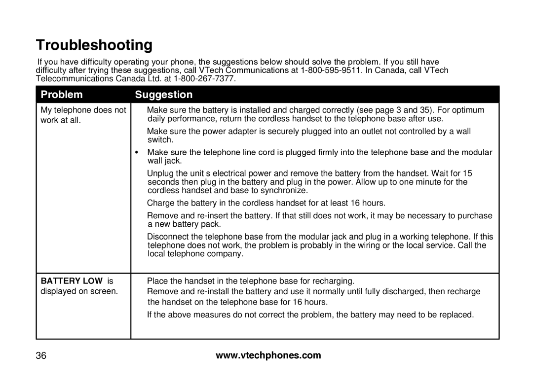 VTech Amplified Phone manual Troubleshooting, Place the handset in the telephone base for recharging 