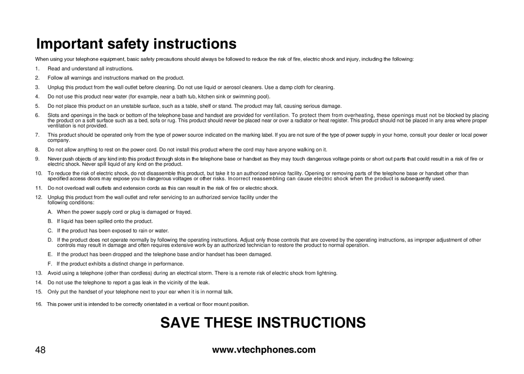 VTech Amplified Phone manual Important safety instructions 