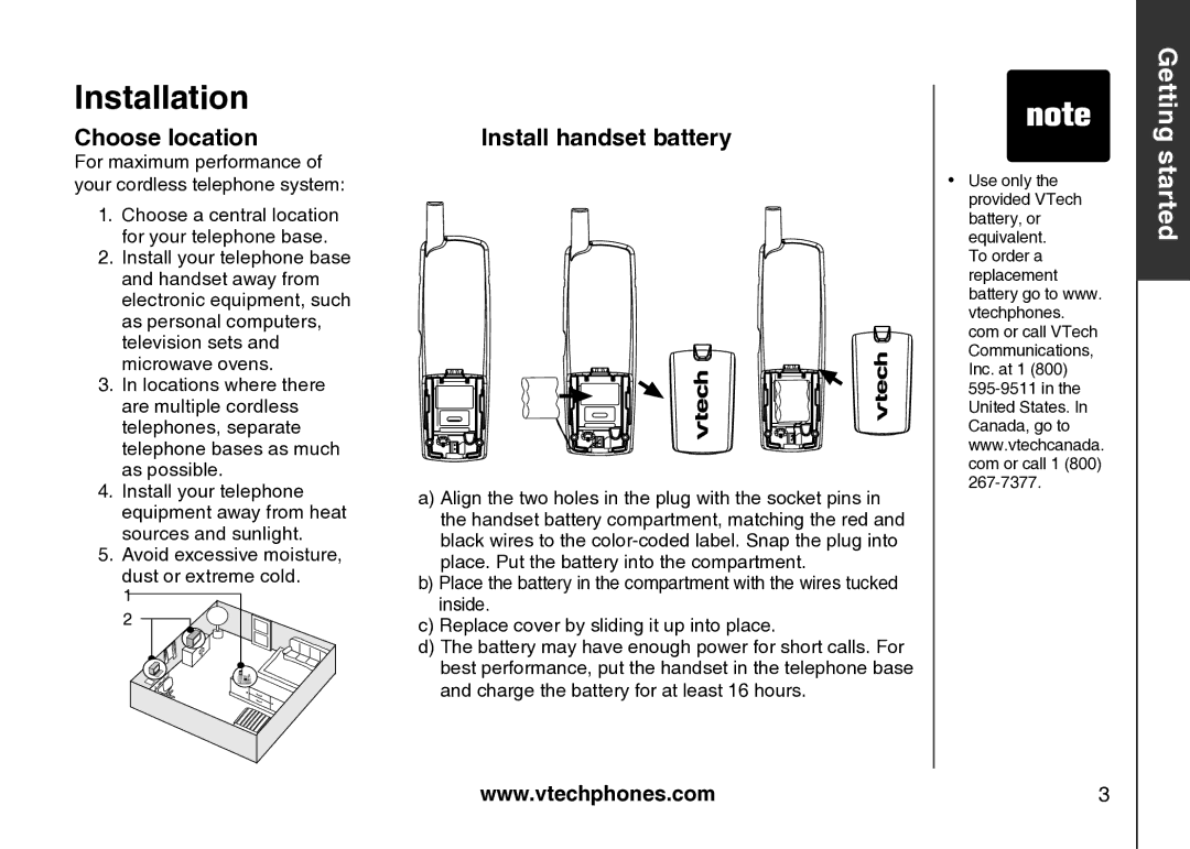 VTech Amplified Phone manual Choose location, Install handset battery 