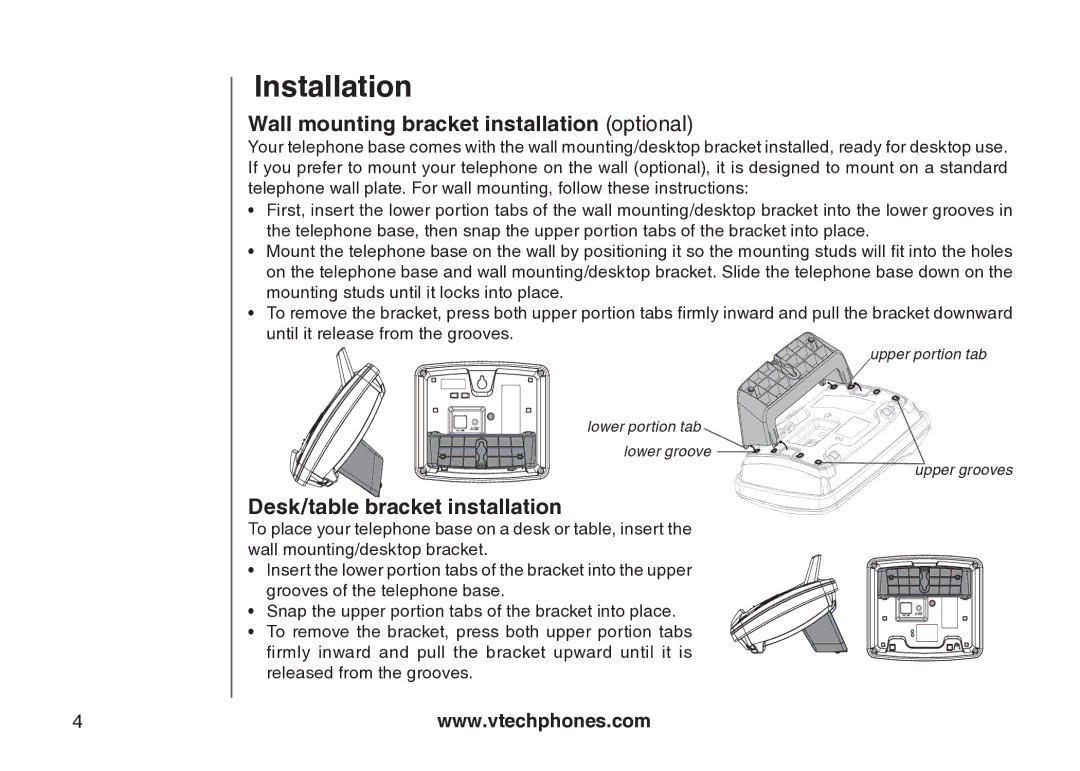 VTech Amplified Phone manual Wall mounting bracket installation optional, Desk/table bracket installation 