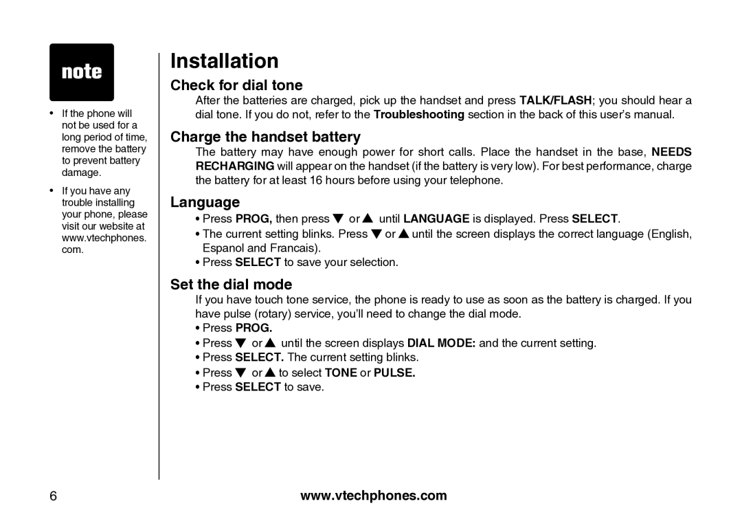 VTech Amplified Phone manual Check for dial tone, Charge the handset battery, Language, Set the dial mode 