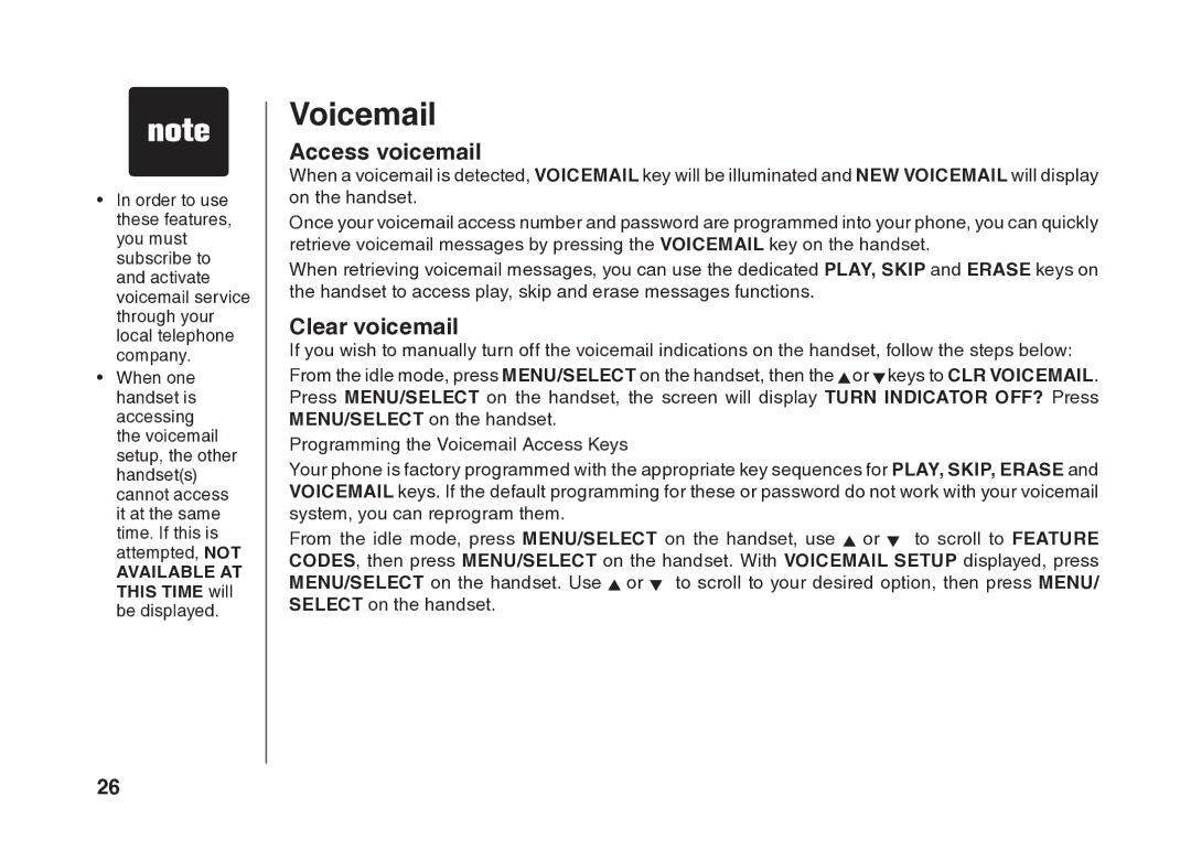 VTech BS5822 user manual Voicemail, Access voicemail, Clear voicemail 