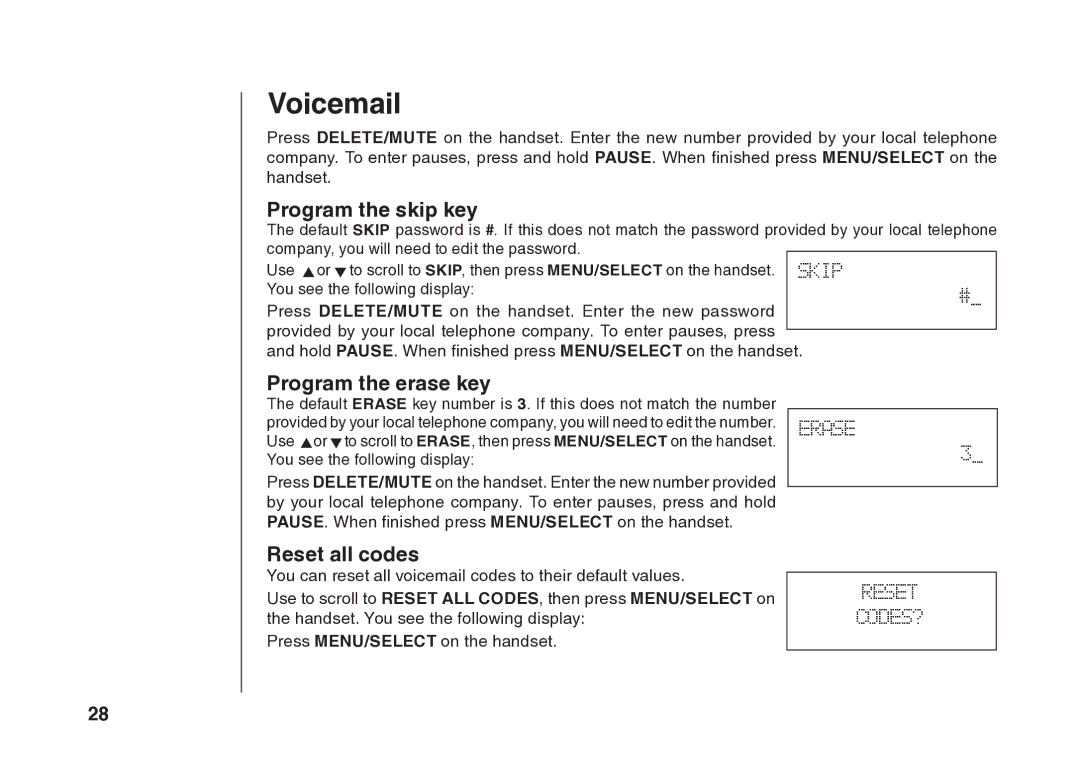 VTech BS5822 user manual Program the skip key, Program the erase key, Reset all codes 