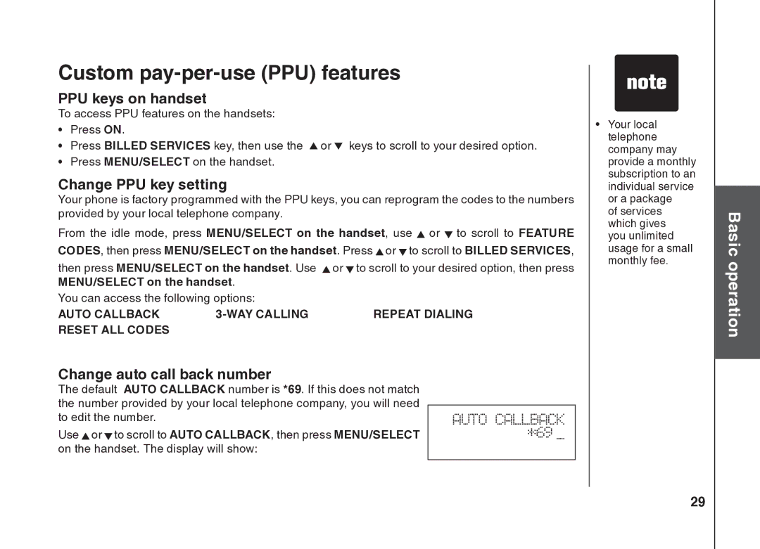 VTech BS5822 Custom pay-per-use PPU features, PPU keys on handset, Change PPU key setting, Change auto call back number 