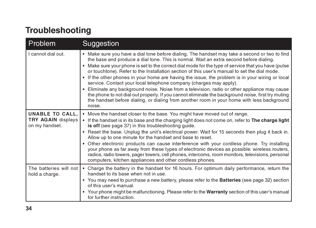 VTech BS5822 user manual Unable to Call 