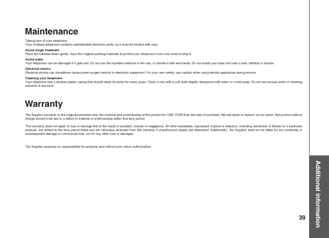 VTech BS5822 user manual Maintenance, Warranty 