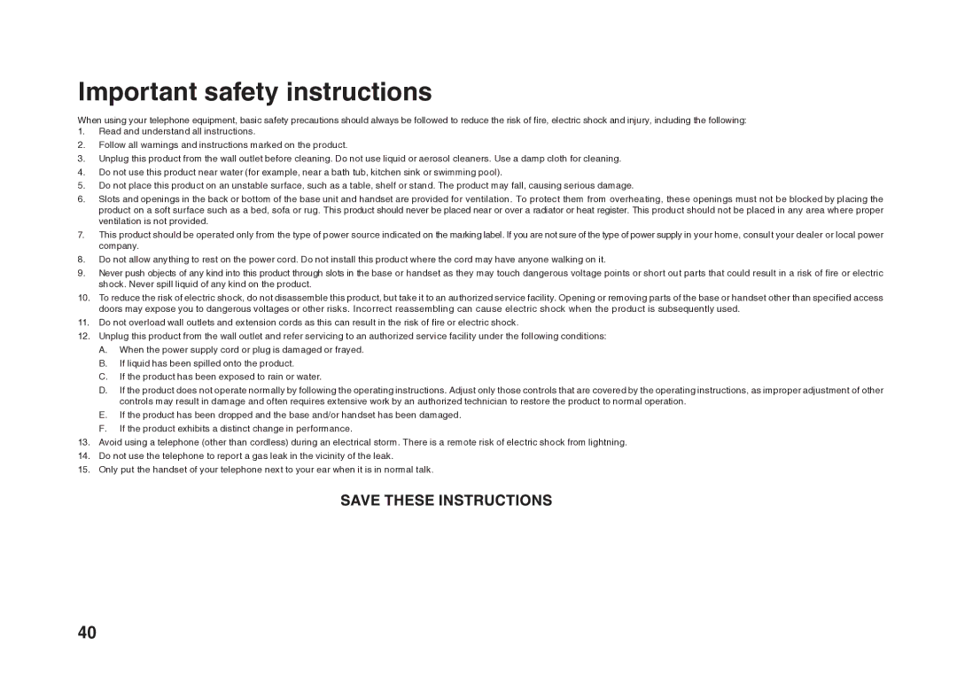 VTech BS5822 user manual Important safety instructions 