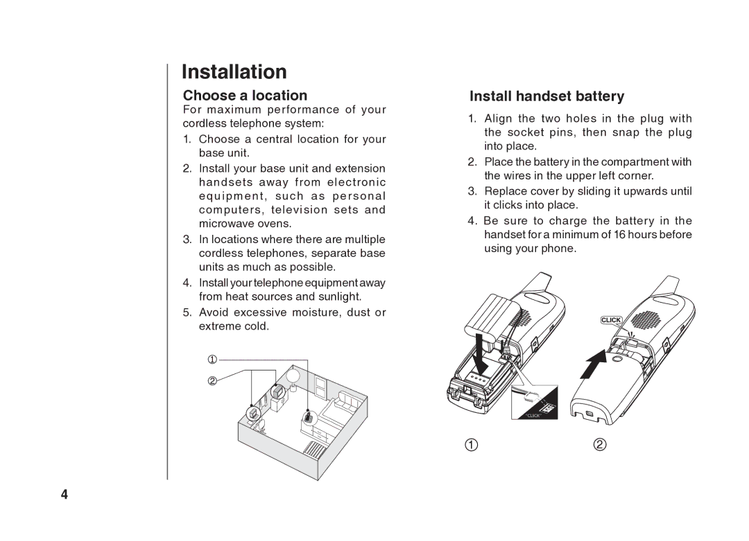 VTech BS5822 user manual Installation, Choose a location, Install handset battery 