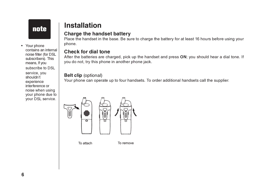 VTech BS5822 user manual Charge the handset battery, Check for dial tone 