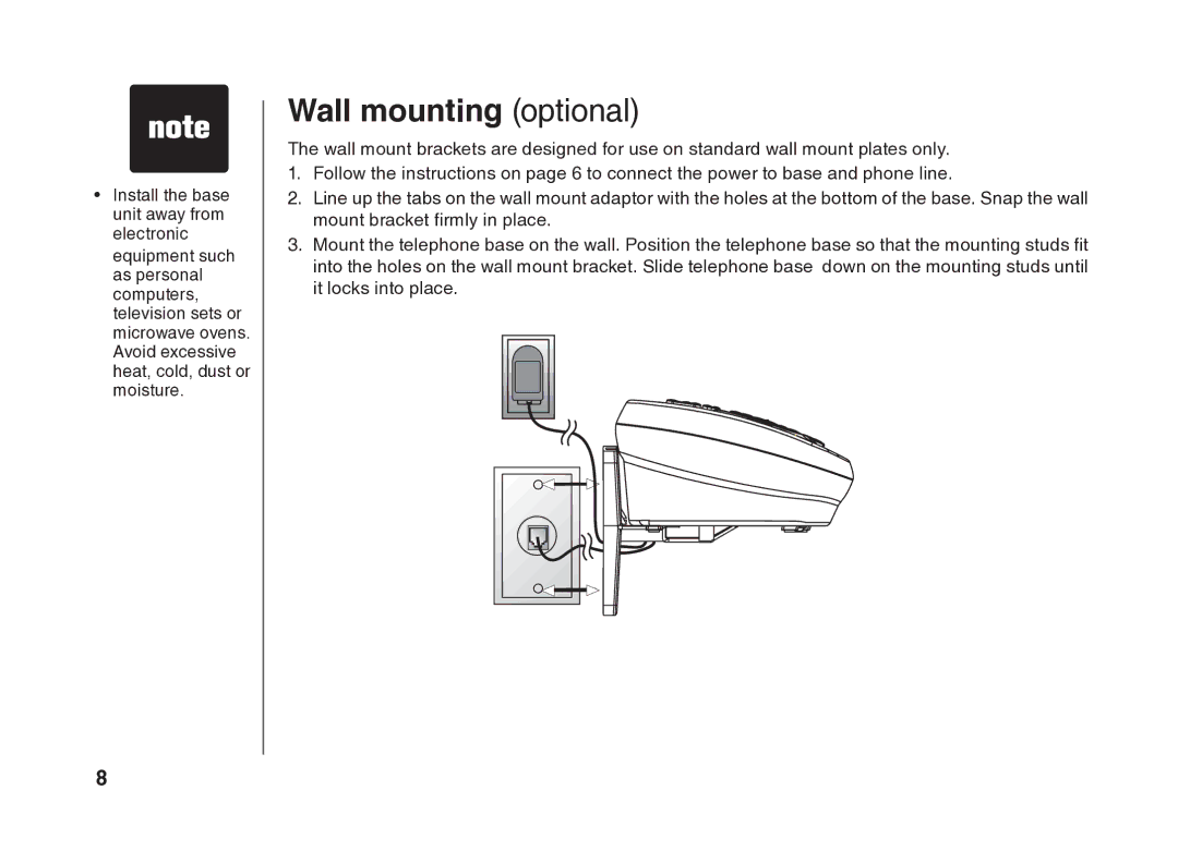 VTech BS5822 user manual Wall mounting optional, Install the base unit away from electronic 