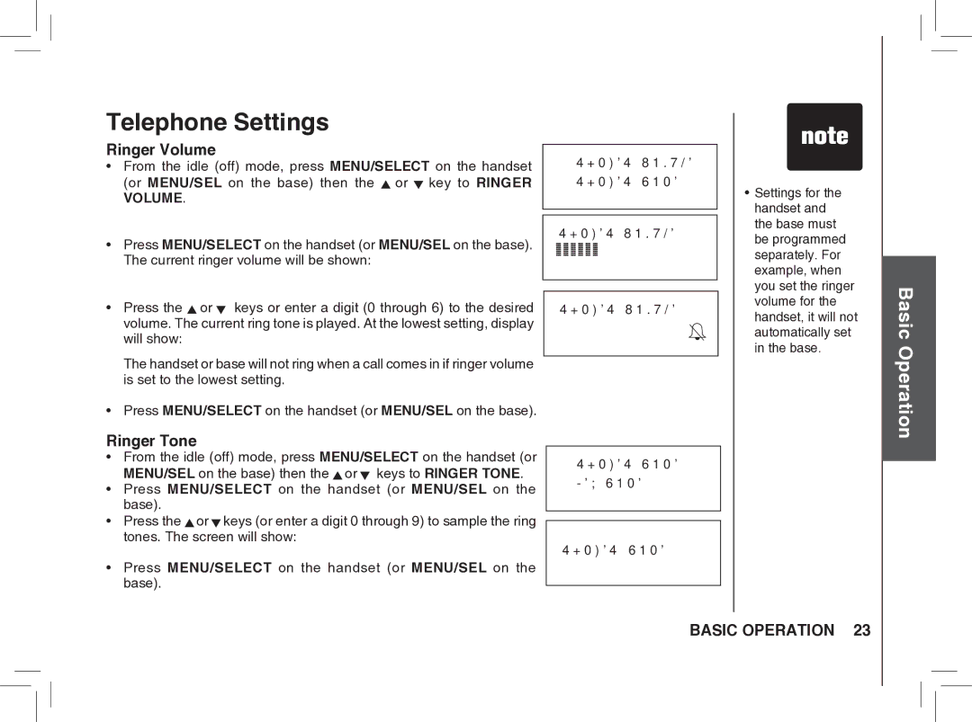 VTech BS5872 manual Telephone Settings, Ringer Volume, Ringer Tone 