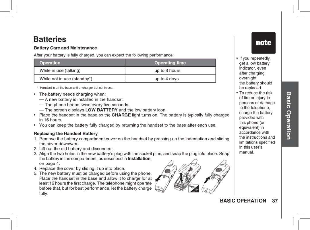 VTech BS5872 manual Batteries, Battery Care and Maintenance, Replacing the Handset Battery 