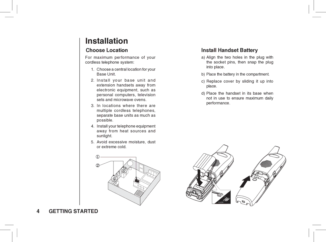 VTech BS5872 manual Installation, Choose Location, Install Handset Battery 