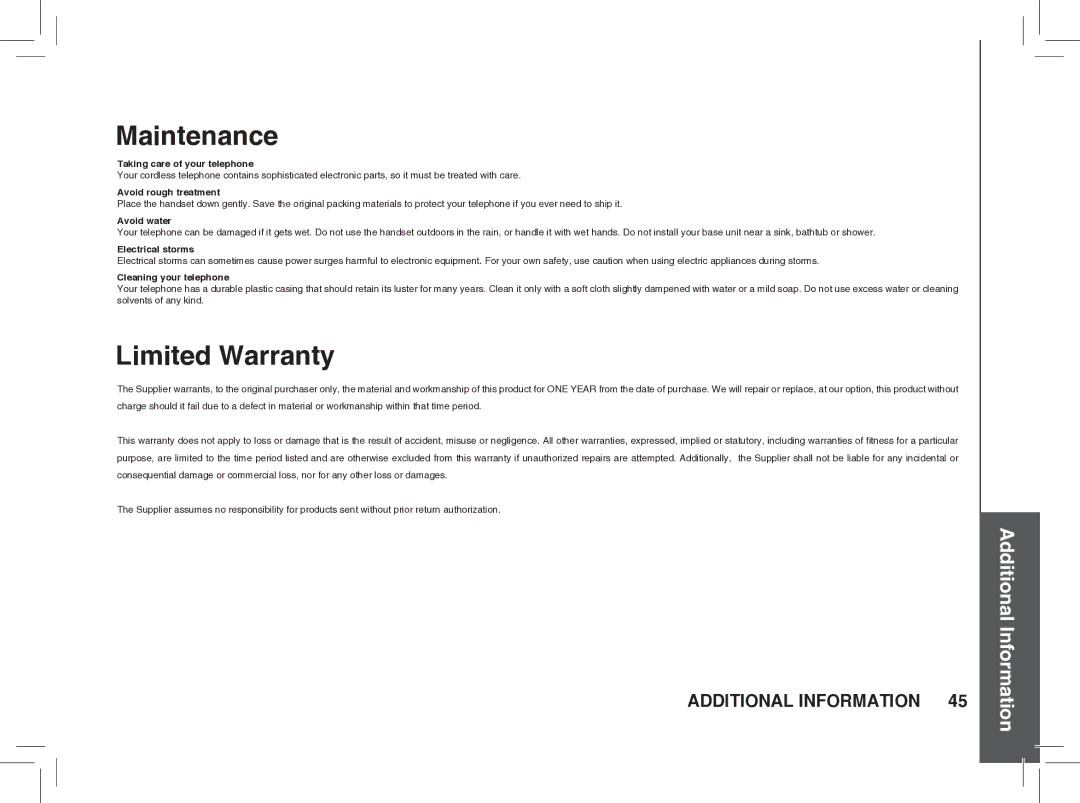 VTech BS5872 manual Maintenance, Limited Warranty 