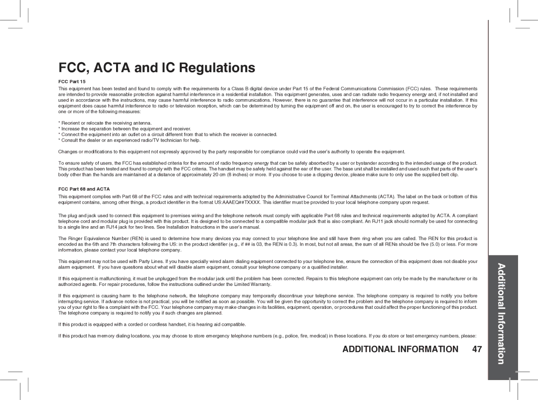 VTech BS5872 manual FCC, Acta and IC Regulations, FCC Part 