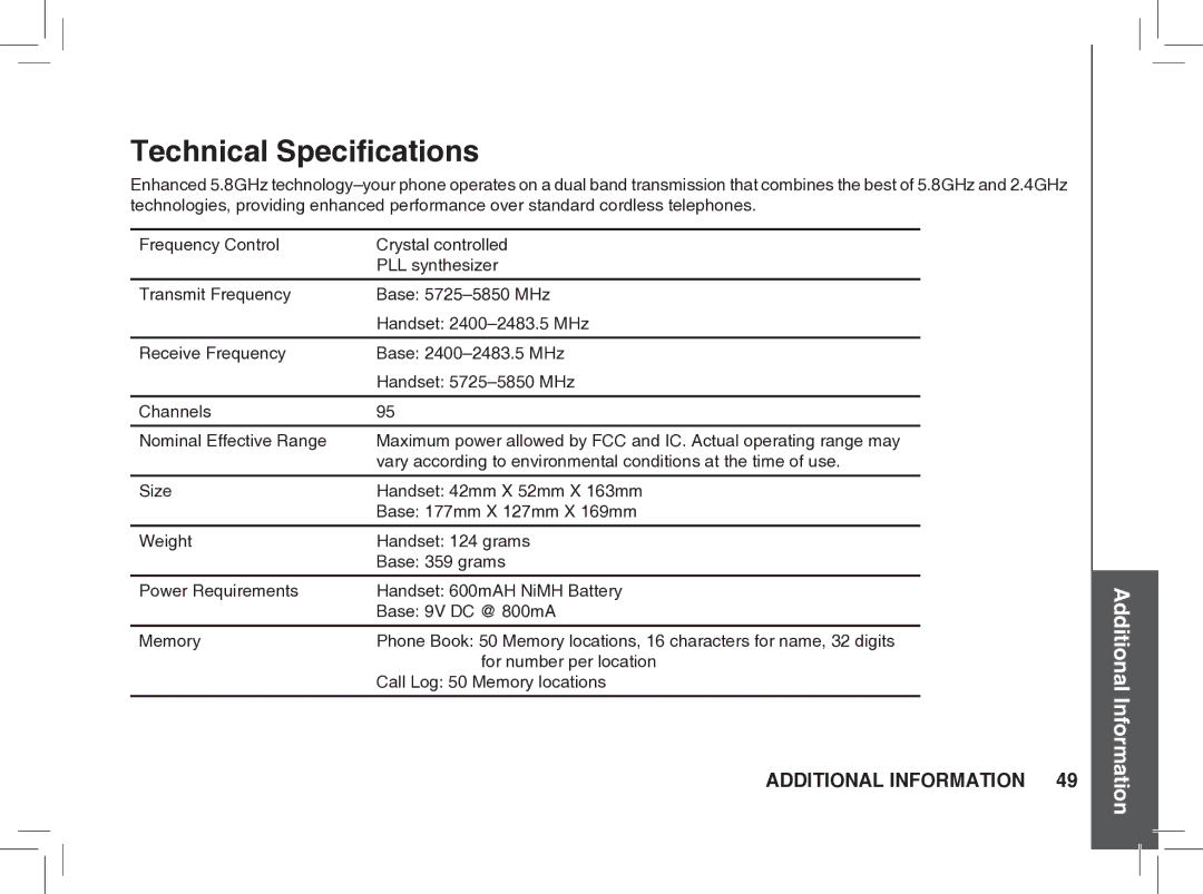 VTech BS5872 manual Technical Speciﬁcations 