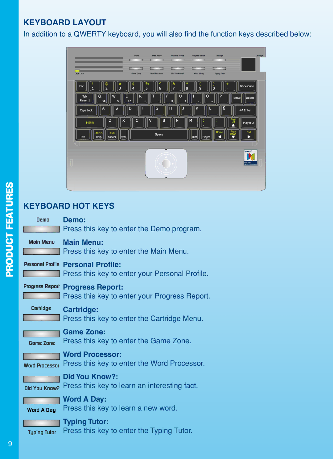 VTech Color Blast Notebook manual Keyboard Layout, Keyboard HOT Keys 