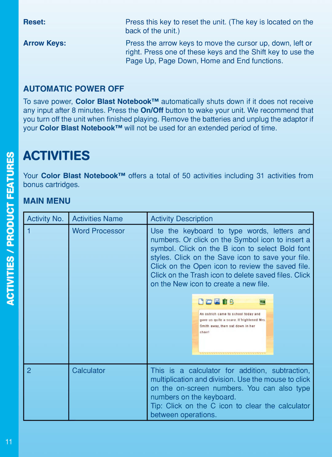 VTech Color Blast Notebook manual Activities / Product Features, Automatic Power OFF, Main Menu 