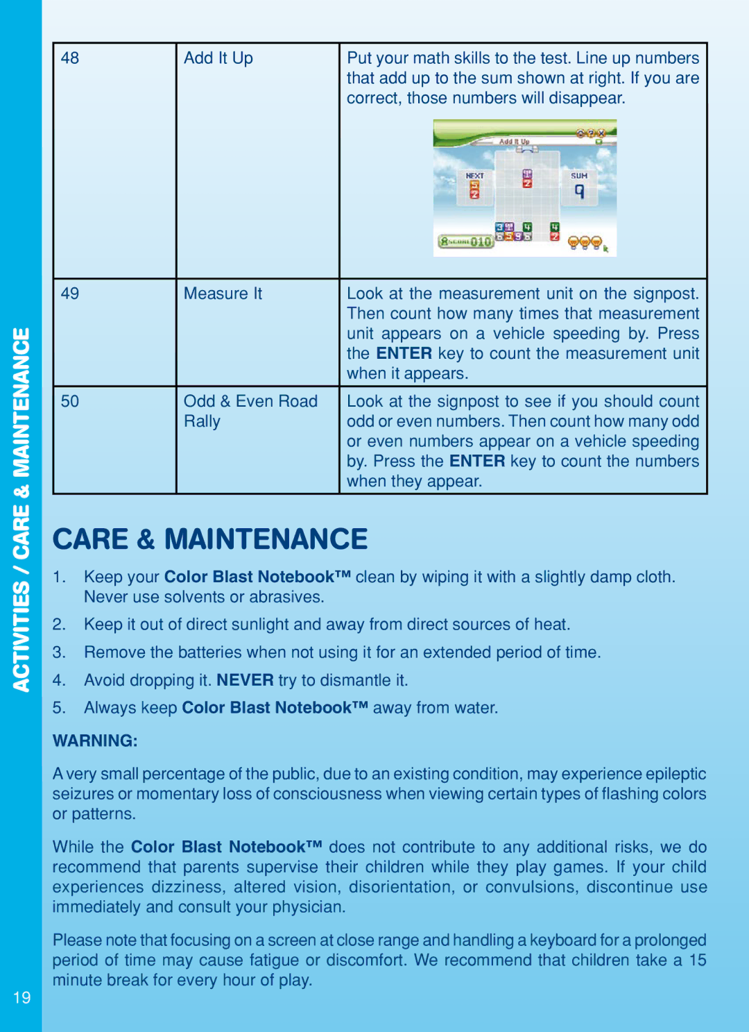 VTech Color Blast Notebook manual Activities / Care & Maintenance 