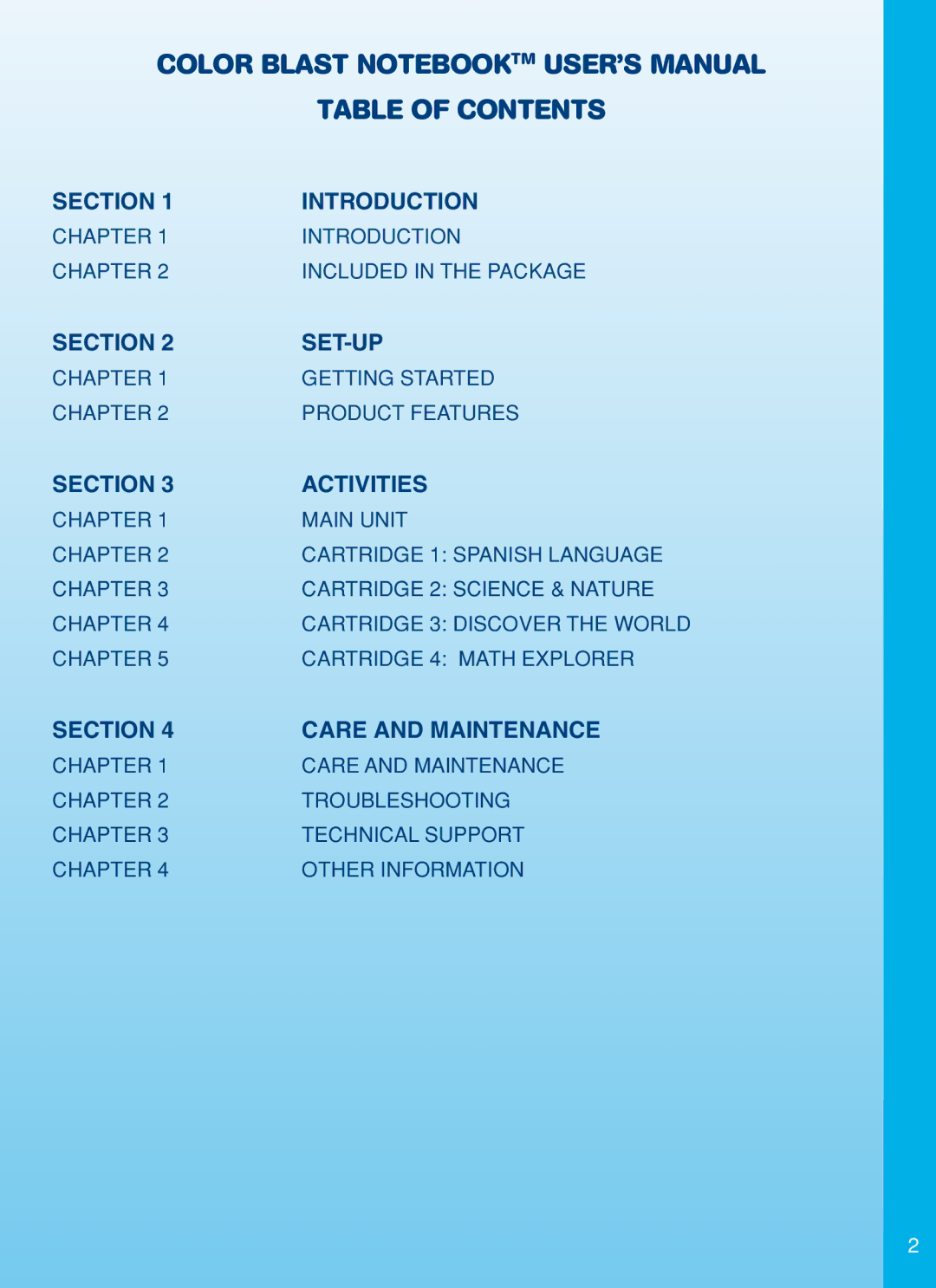 VTech manual Color Blast Notebooktm USER’S Manual Table of Contents 