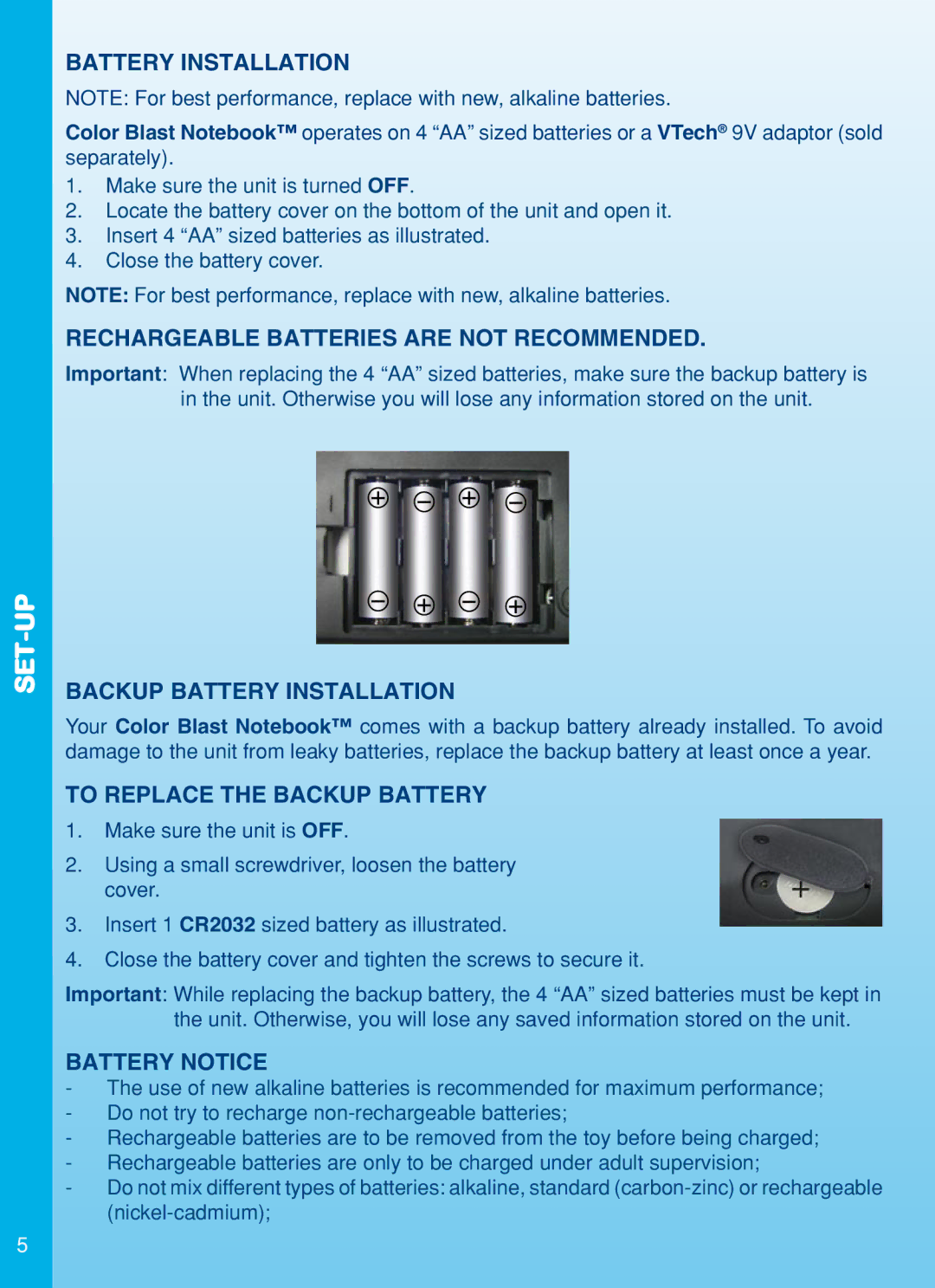 VTech Color Blast Notebook Rechargeable Batteries are not Recommended, Backup Battery Installation, Battery Notice 