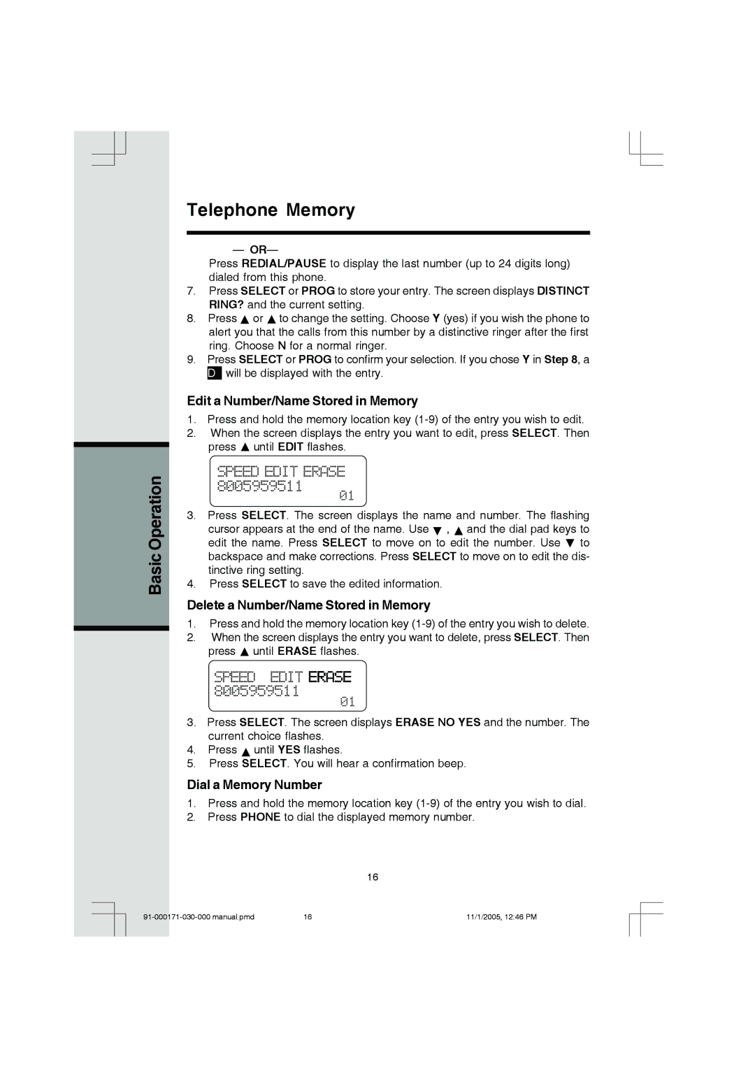 VTech Cordless Telephone Edit a Number/Name Stored in Memory, Delete a Number/Name Stored in Memory, Dial a Memory Number 